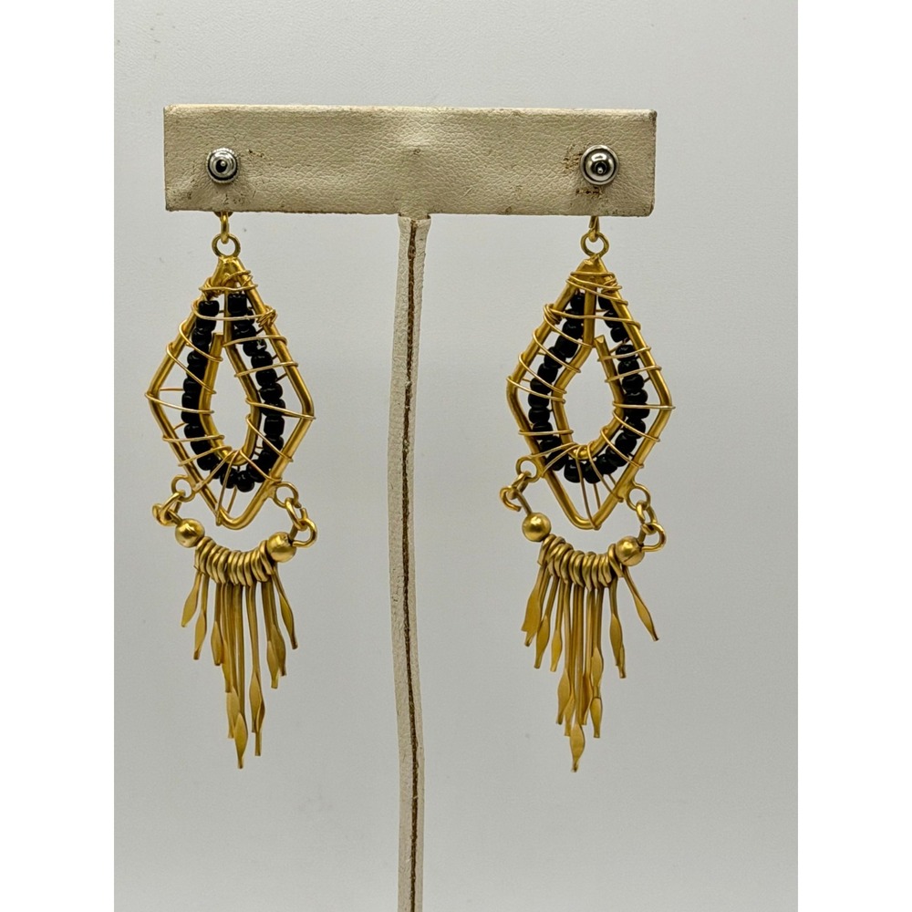 Art Deco / Dreamcatcher Design Drop Wire Sculpture Earrings‎ Gold and Black - Picture 4 of 5